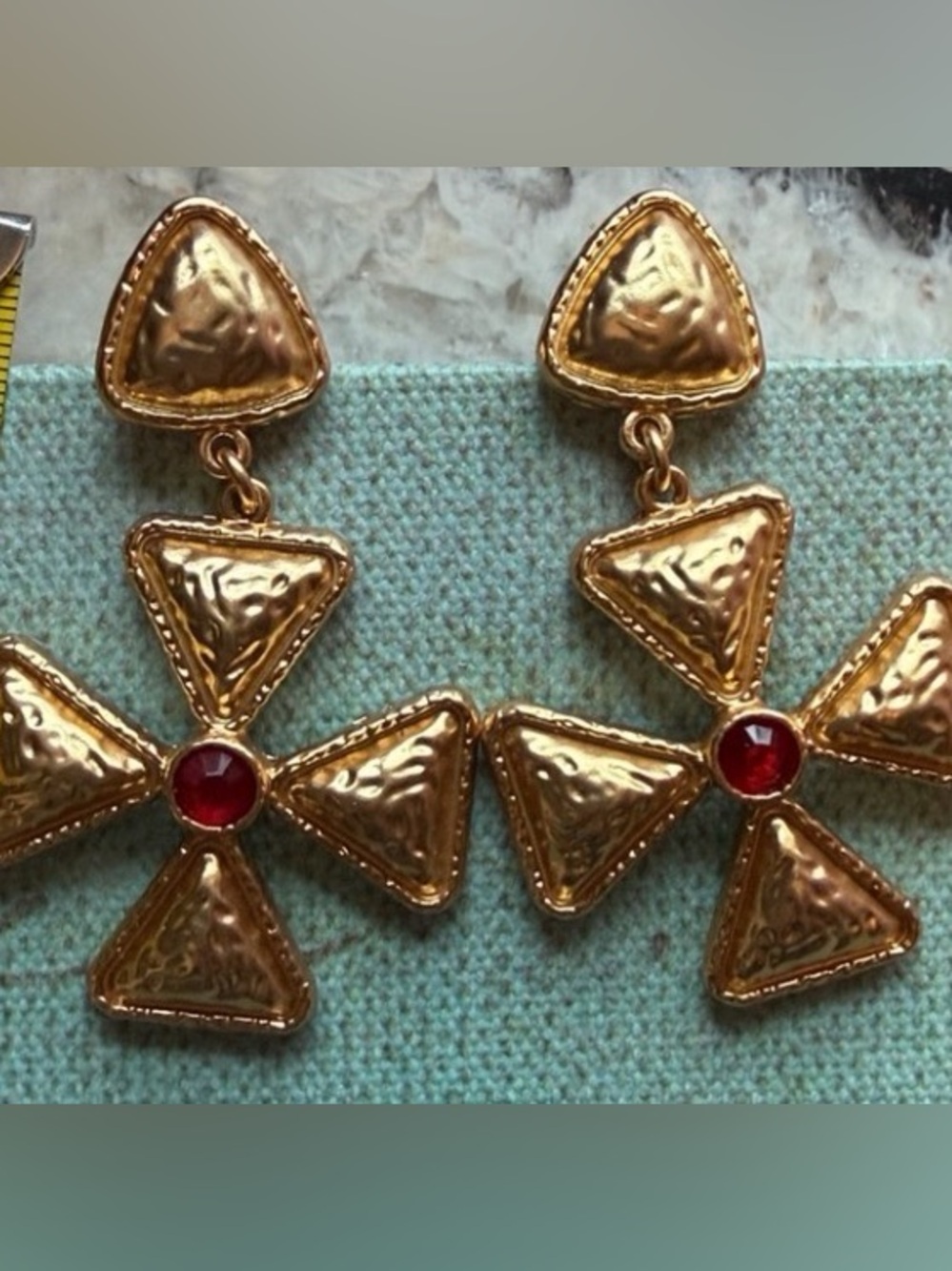 Vintage KJL 22k Plated Maltese Cross Earrings with Red Cabochon Pierced Original
